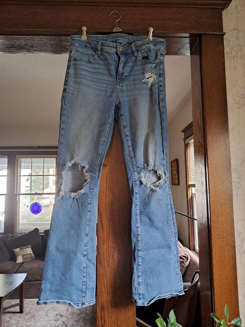 Women's Light Blue Distressed Flare Jeans - American Eagle